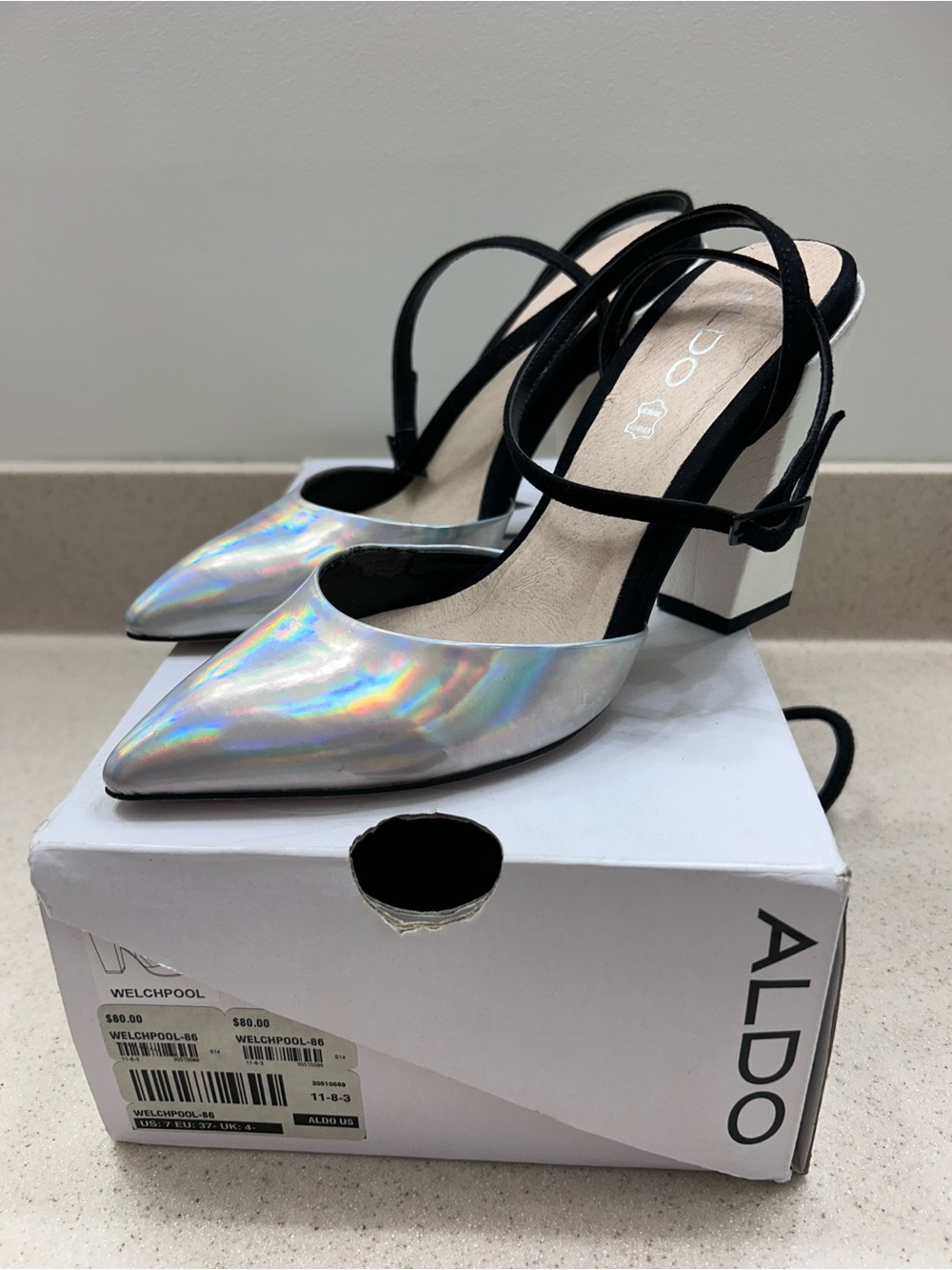 ALDO Women's Iridescent Pointed Toe Block Heel Slingback, Size 7